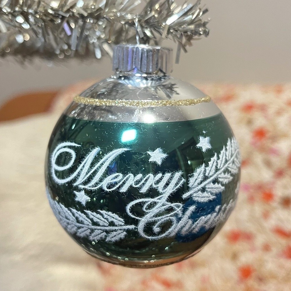3" Radko‎ Shiny Brite Stenciled Flocked Ornament Merry Christmas Green Gold